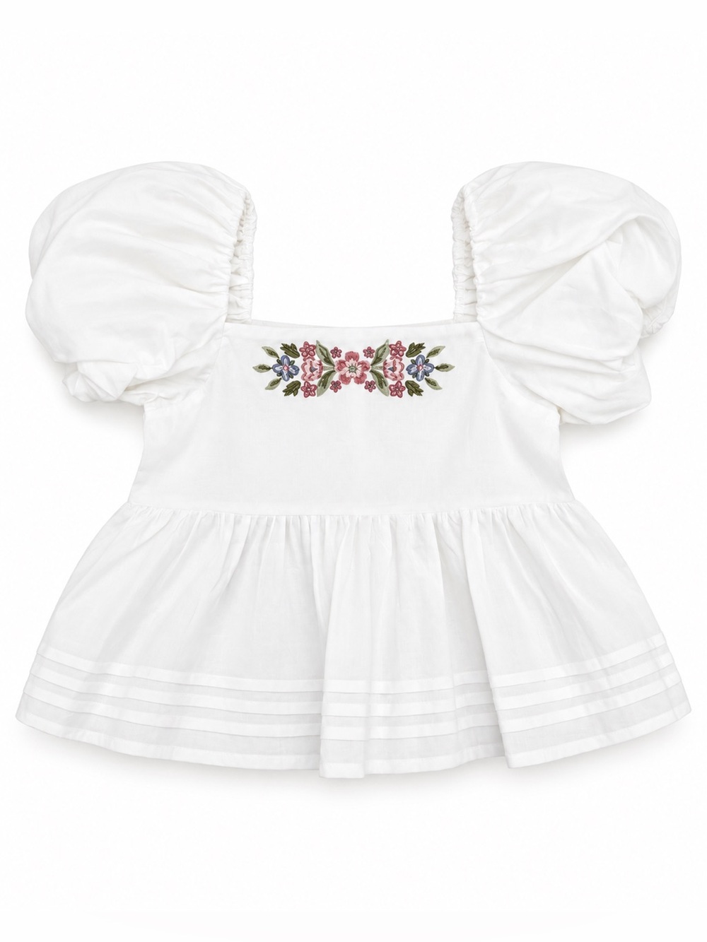 White Puff-Sleeve Embroidered Girl’s Peplum Top